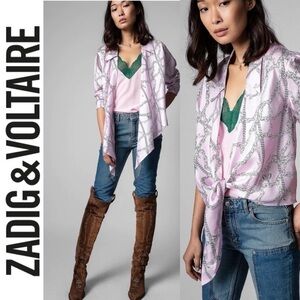 Zadig & Voltaire Toupy Twill Chaines Skull Printed Silk Tie Blouse Chain…